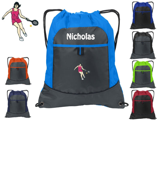 Personalized Kids Cinch Pack Drawstring, Tennis Player Design, Gym School PE Sports Backpack Embroidered Monogrammed Custom Name School Gift