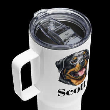 Custom Rottweiler Dog Travel Mug Tumbler with Handle, Stainless Steel BPA-free Cup, 25 Ounce Mug, Dad Mom Dog Lover Gift