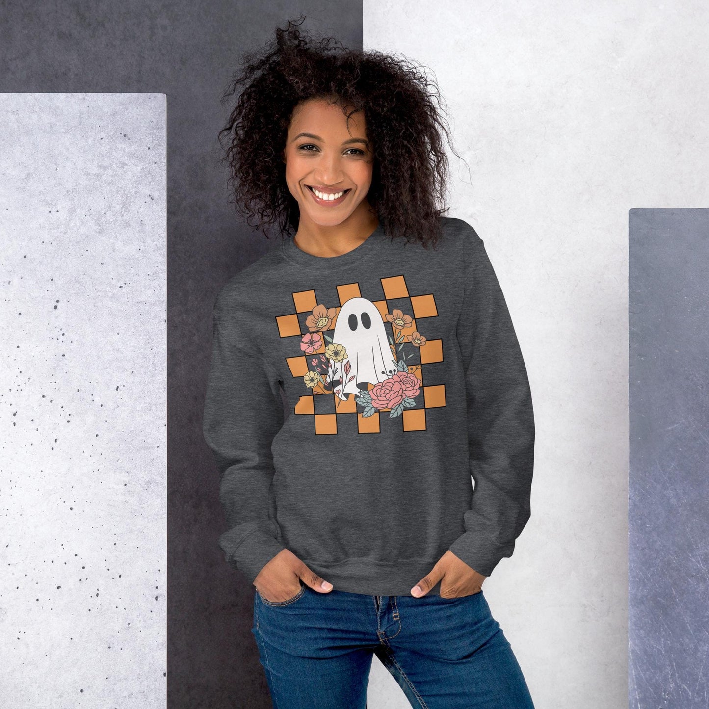 Halloween Ghost Sweatshirt, Cute Ghost Checker Floral Sweats, Womens Halloween Sweatshirt, Cute Retro Fall Sweats, Spooky Season, Fall Gift