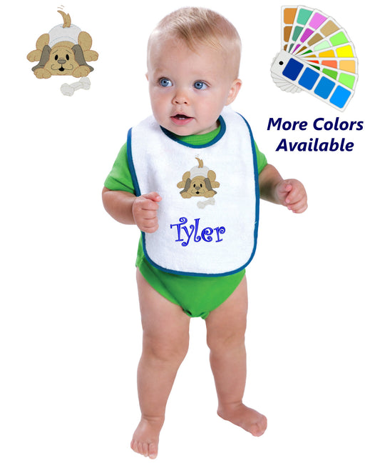Personalized Baby Bib White Cotton Terry with Contrast Trim Baby Puppy Dog Design for Boy or Girl Embroidered Name