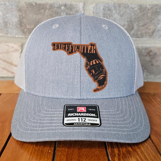 Florida Firefighter Leather Patch Trucker Hat, Richardson 112, Fireman Hat, Dad Gift, Husband Gift, Station Gift, Laser Engraved