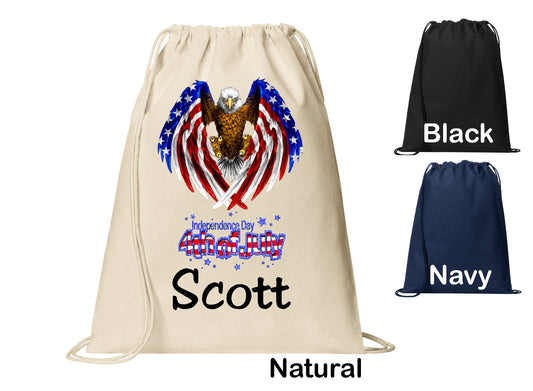 Personalized Eagle Flag 4th of July Cinch Pack, Drawstring Gym School PE Pool Backpack, Printed Monogrammed Custom Name, Perfect Gift