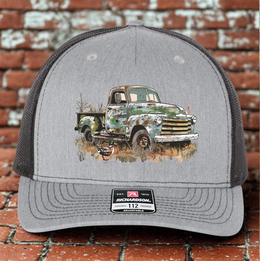 Hunting Truck Trucker Hat, Cool Old Camo Pickup Hat Design, Richardson 112, Duck Hunter Dad Gift Husband Gift, Sportsman Gift, Printed Hat