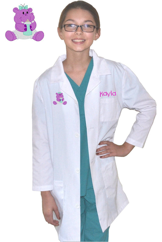 Personalized Kids Lab Coat with Hippo Embroidery Design, Veterinarian Lab Coat, Birthday Gift, Childrens Lab Coat, Monogrammed Name