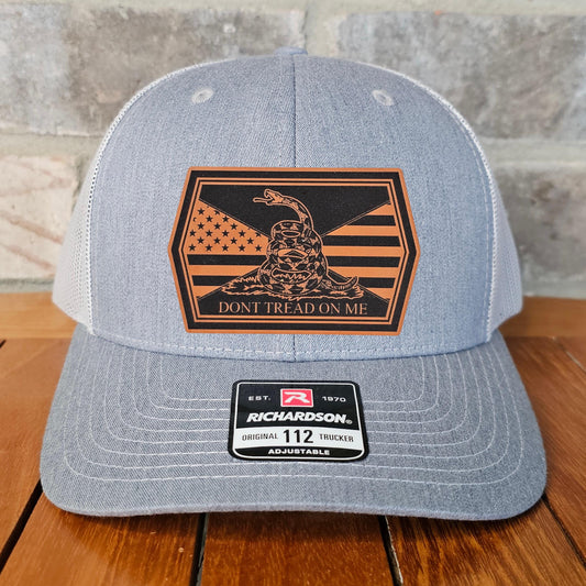 Don't Tread on Me Leather Patch Trucker Hat with Gadsden Flag, Richardson 112, Military Gift, Dad Gift, Husband Veteran Hat, Laser Engraved