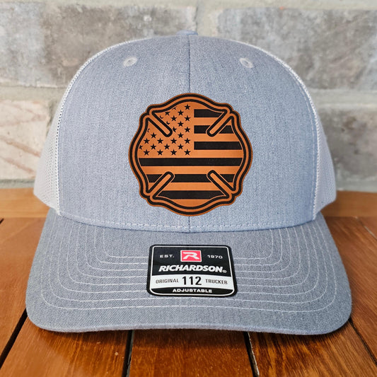 Firefighter Leather Patch Trucker Hat with Maltese Cross, Richardson 112, Fireman Hat, Dad Gift, Husband Gift, Station Gift, Laser Engraved