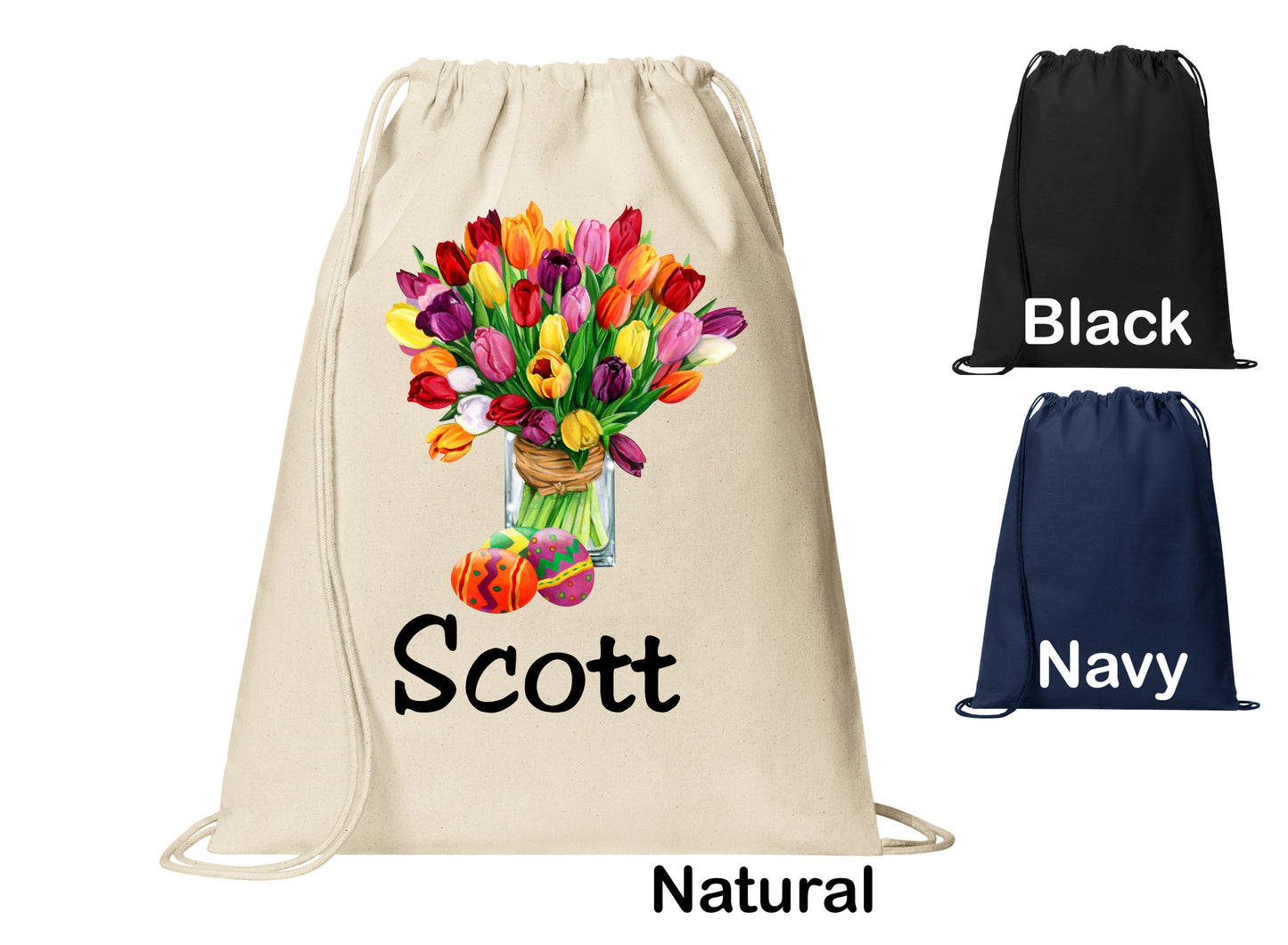 Personalized Easter Flowers Eggs Holiday Cinch Pack, Drawstring Gym School Pool Backpack, Printed Monogrammed Custom Name, Perfect Gift