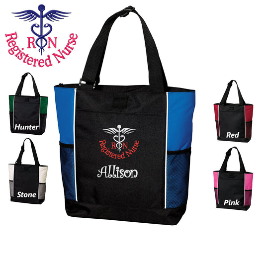 Personalized Canvas RN Nurse Tote Bag, Caduceus, Custom Tote, Tote with Zipper, Embroidered Custom Name, Funny Nurse Gift