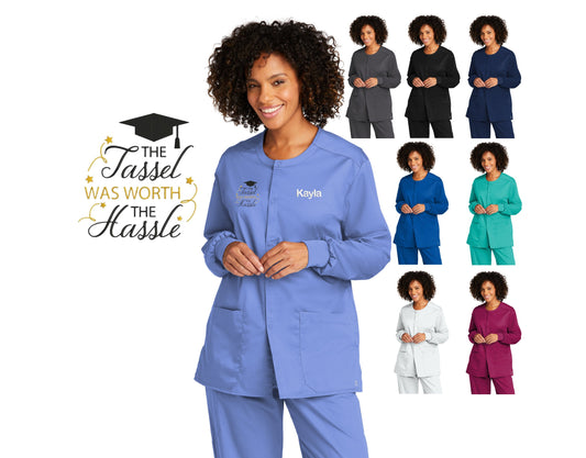 Personalized Unisex Nurse Graduation Scrubs Jacket, Tassel Cap, Custom Embroidered Name, Doctor, Veterinarian, Hospital, Medical Apparel