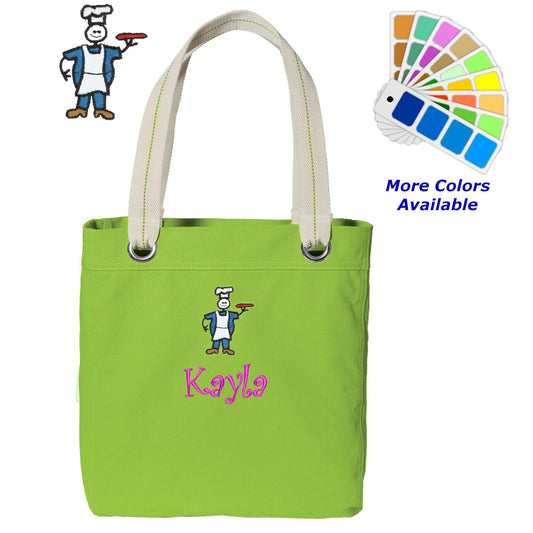 Personalized Canvas Tote Bag Cook Chef Design Contrast Lined with Metal Grommets Embroidered with Name or Text of Your Choice
