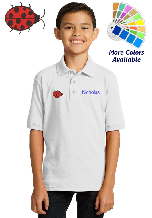 Personalized Kids Polo Shirt Embroidered Lady Bug Monogrammed with a Name or Text of Your Choice