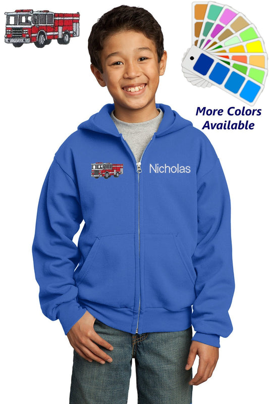 Personalized Kids Hoodie Sweatshirt Fireman Zipper Embroidered Fire Engine with a Name of Your Choice
