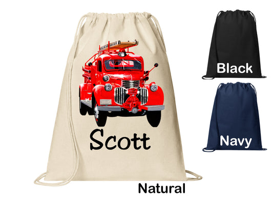 Personalized Fire Engine Truck Antique Cinch Pack, Drawstring Gym School Pool Backpack, Printed Monogrammed Custom Name, Perfect Gift