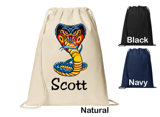 Personalized Cobra Snake Mascot Cinch Pack, Drawstring Gym School PE Pool Backpack, Printed Monogrammed Custom Name, Perfect Gift