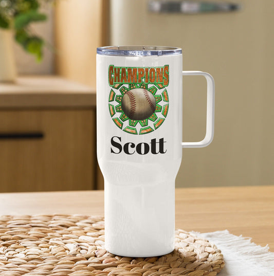 Custom Baseball Champions Tumbler with Handle, Stainless Steel Travel Mug BPA-free plastic Cup, 25 Ounce Mug, Sports Gift, Dad Gift