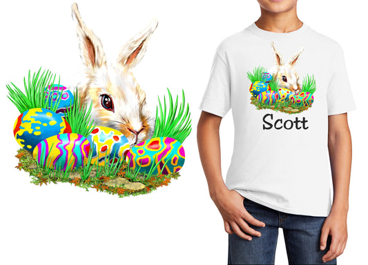 Personalized Kids T-Shirt Easter Bunny Eggs Design, T-Shirt, Colorful, Cotton, Low Price Inexpensive Tee Shirt, Student Gift, Easter Gift