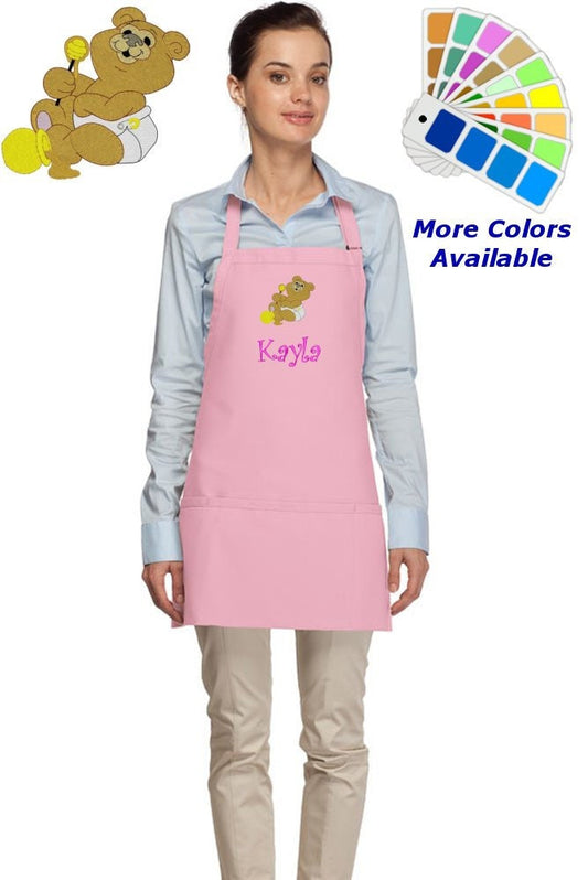 Personalized Apron Embroidered Bear Design, Custom Apron, Monogrammed Apron Name, Dad Mom Teacher Kitchen Home House Gift