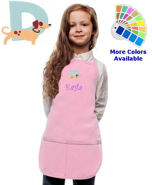 Personalized Kids Apron with Animal Alphabet Letter D Dog Embroidery Design, Monogrammed Art Smock, Childrens Apron, Cooking Gift