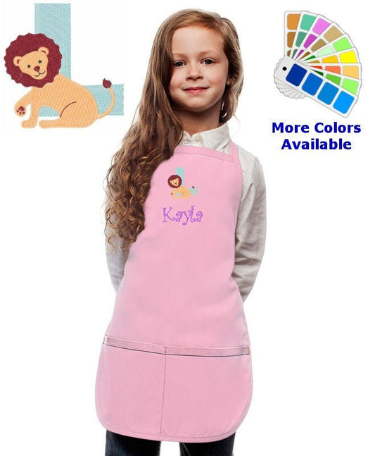 Personalized Kids Apron with Animal Alphabet Letter L Lion Embroidery Design, Monogrammed Art Smock, Childrens Apron, Cooking Gift