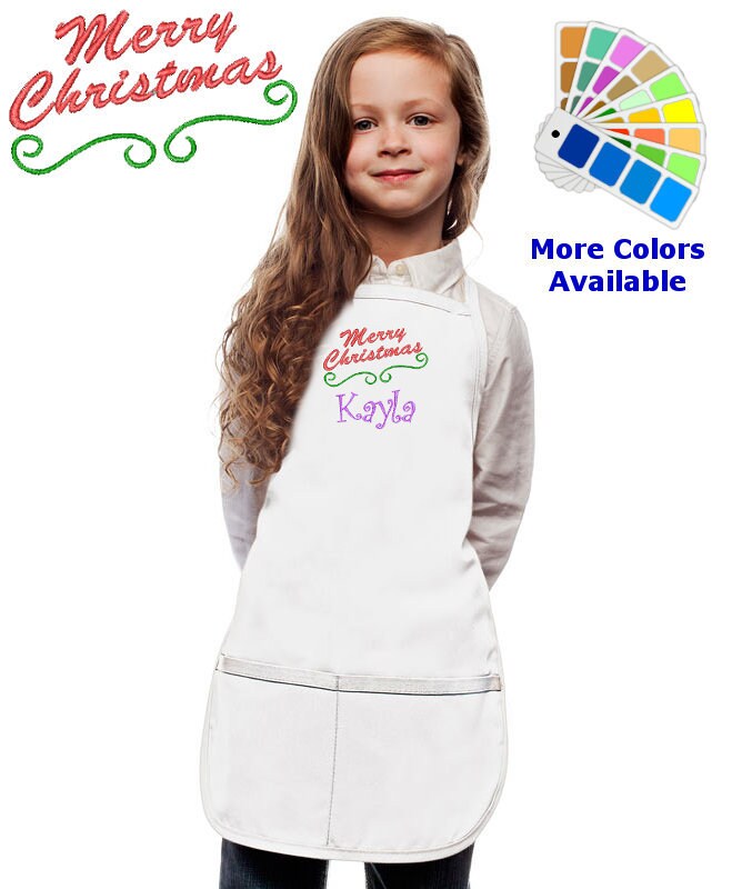 Personalized Kids Christmas Apron with Merry Christmas Embroidery Design