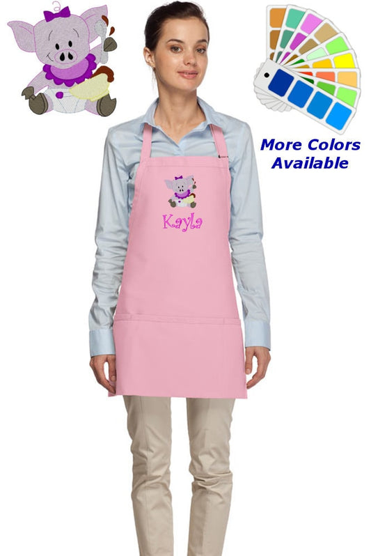 Personalized Apron Embroidered Pig Design, Custom Apron, Monogrammed Apron Name, Dad Mom Teacher Kitchen Home House Gift