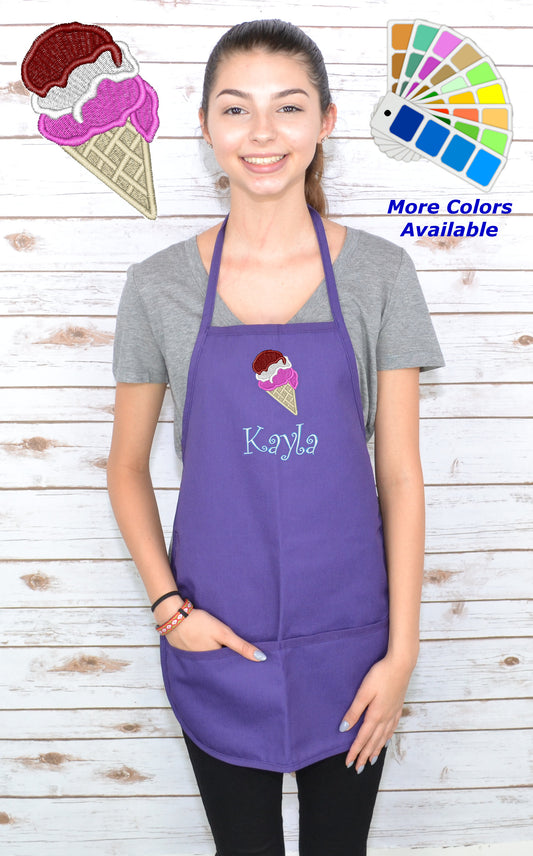 Personalized Kids Apron with Ice Cream Cone Embroidery Design, Monogrammed Chef Uniform, Art Gift, Chef Gift, Cooking Party Art Party School