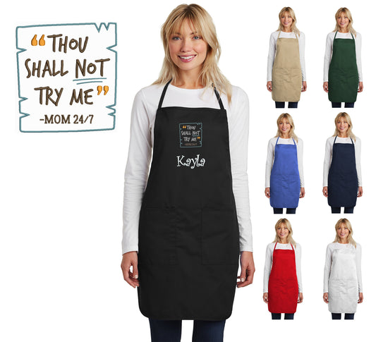 Personalized Mom Apron, Shall Not Try Me, Embroidered Moms Name, Mothers Day Gift, Kitchen Gift, Monogrammed Mom Cooking Gift, Funny Apron