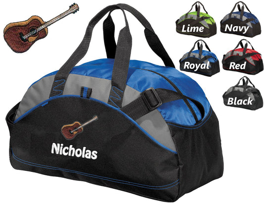 Personalized Kids Duffel Bag, Guitar Design, Gym Bag, School Band, Contrast Piping and Stitching, Embroidered Name, Music Gift, Student Gift