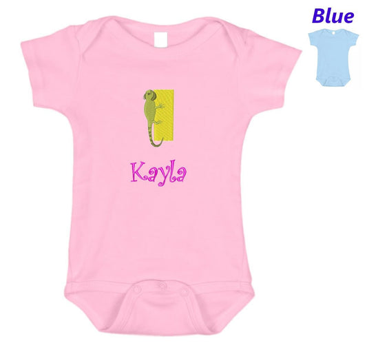 Personalized Baby Onesie Pink Blue Embroidered Letter I Iguana Newborn One Piece Body Suit Baby Shower Gift Monogrammed Your Baby's Name