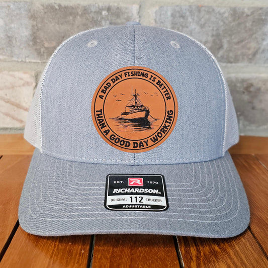 Fishing Leather Patch Trucker Hat, Bad Day Fishing Boat Design, Richardson 112, Funny Dad Gift Husband Gift, Sportsman Gift, Laser Engraved