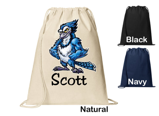 Personalized Bluejay Blue Jay Bird Cinch Pack, Drawstring Gym School PE Pool Backpack, Printed Monogrammed Custom Name, Perfect Gift