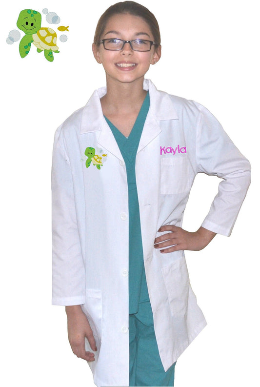 Personalized Kids Lab Coat with Turtle Embroidery Design, Veterinarian Lab Coat, Birthday Gift, Childrens Lab Coat, Monogrammed Name