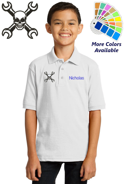 Personalized Kids Polo Shirt Embroidered Mechanics Skull and Wrenches Monogrammed with a Name or Text of Your Choice