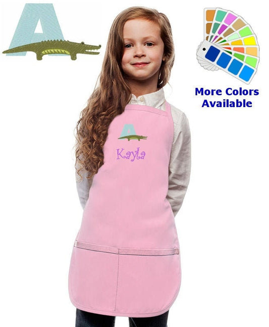 Personalized Kids Apron with Animal Alphabet Letter A Alligator Embroidery Design, Monogrammed Art Smock, Childrens Apron, Cooking Gift