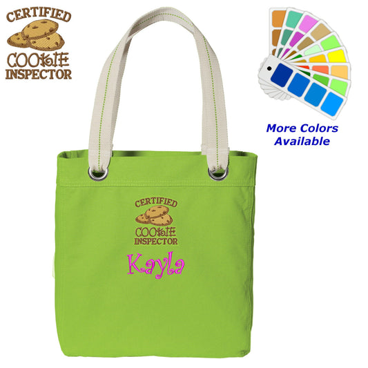 Personalized Canvas Tote Bag Cookie Inspector Design Contrast Lined with Metal Grommets Embroidered with Name or Text of Your Choice