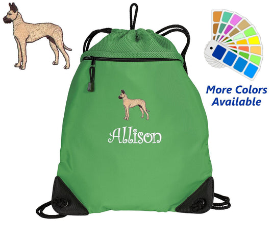 Personalized Cinch Pack, Drawstring Gym School PE, Pool Backpack, Embroidered Great Dane Dog, Monogrammed Custom Name, Perfect Gift
