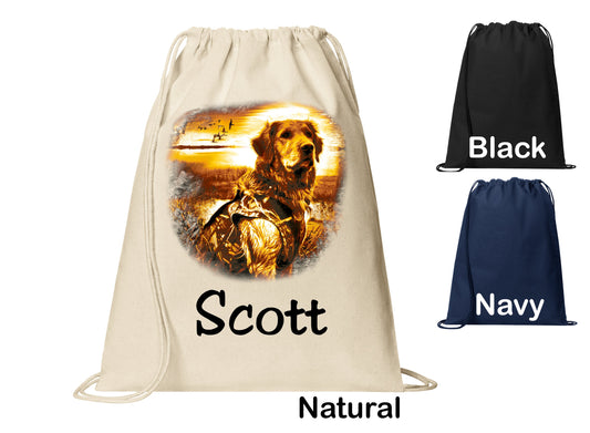 Personalized Golden Retriever Hunting Dog Cinch Pack, Drawstring Gym School Pool Backpack, Printed Monogrammed Custom Name, Perfect Gift