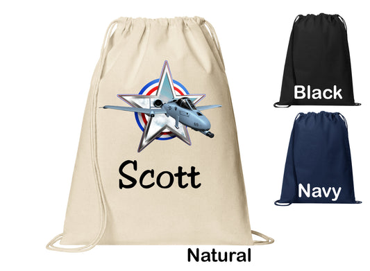 Personalized A10 Plane Warthog Plane Cinch Pack, Drawstring Gym School PE Pool Backpack, Printed Monogrammed Custom Name, Perfect Gift