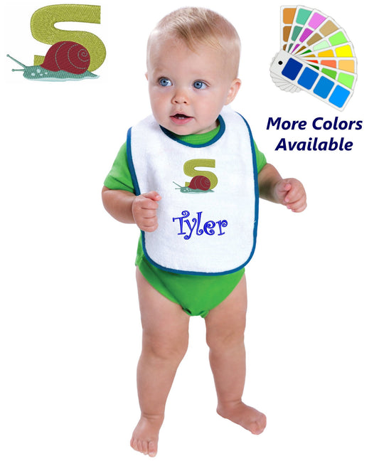 Personalized Baby Bib, White Cotton Terry with Contrast Trim, Letter S, Alphabet, Snail Design, for Boy or Girl, Embroidered Name