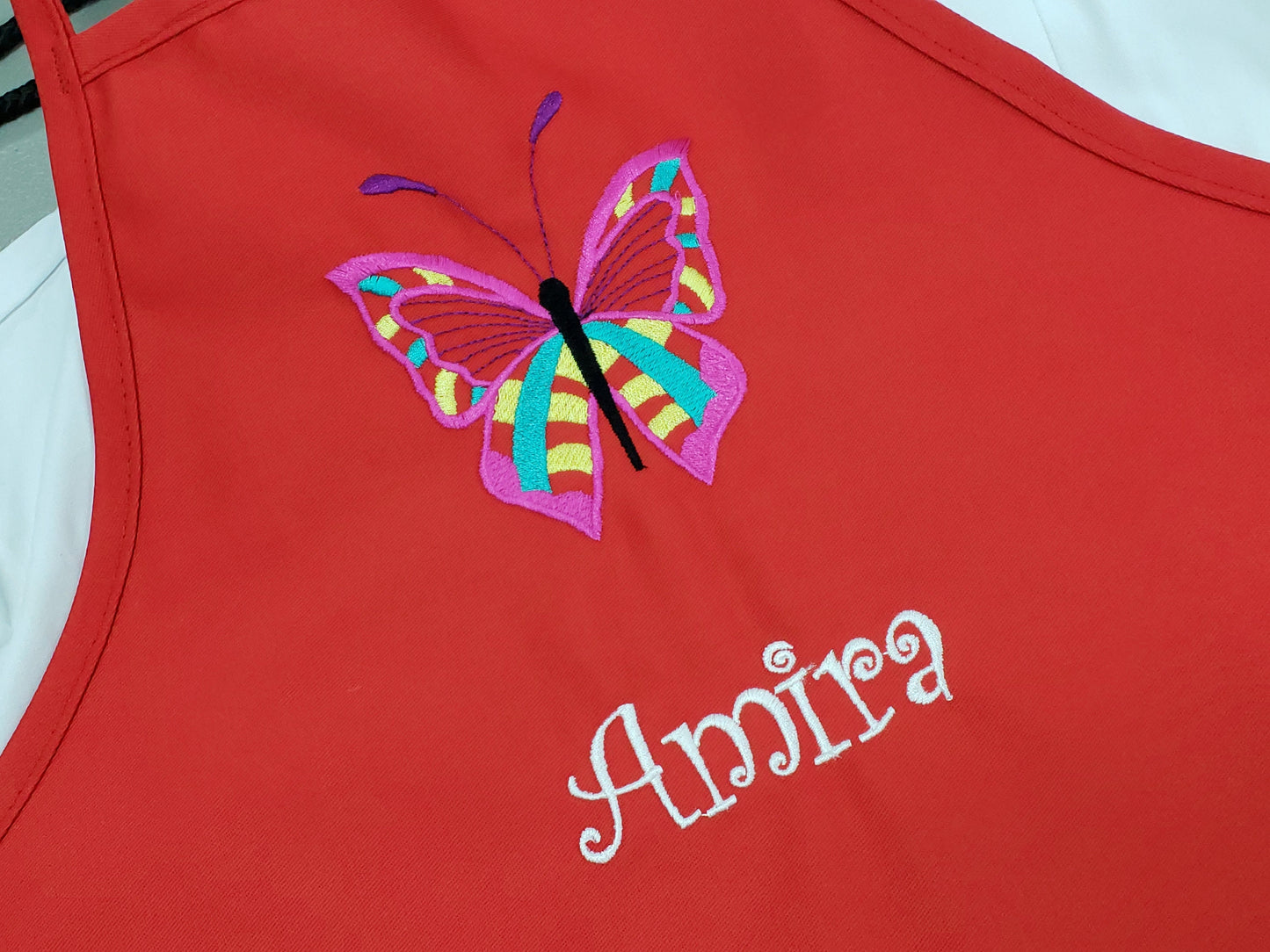 Personalized Kids Apron with Pink Butterfly Embroidery Design