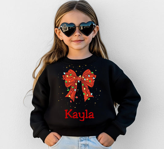 Personalized Kids Christmas Bow Sweatshirt, Xmas Sweater, Christmas Season Gifts, Christmas Gift, Xmas Sweatshirt, Christmas Kids Gift