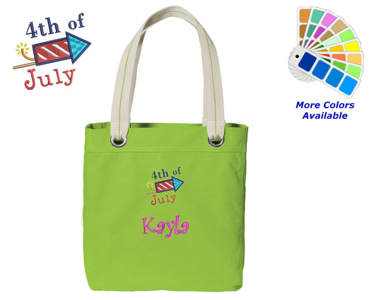 Personalized Canvas Tote Bag 4th of July Design Contrast Lined with Metal Grommets Embroidered with Name or Text of Your Choice