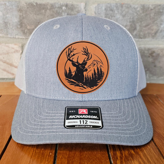 Deer Leather Patch Trucker Hat, Richardson 112, Mountain Deer Hunter Hat, Dad Gift, Husband Gift, Sportsman Gift, Laser Engraved