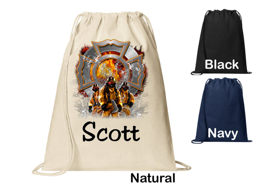 Personalized Firefighter Maltese Cross Cinch Pack, Drawstring Gym School Pool Backpack, Printed Monogrammed Custom Name, Perfect Gift