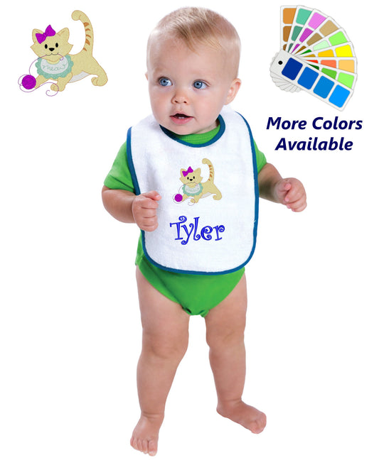 Personalized Baby Bib White Cotton Terry with Contrast Trim Baby Kitten Design for Boy or Girl Embroidered Name