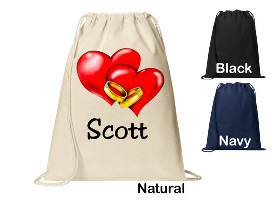 Personalized Wedding Hearts Rings Cinch Pack, Drawstring Gym School PE Pool Backpack, Printed Monogrammed Custom Name, Perfect Gift