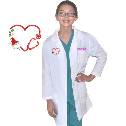 Personalized Kids Christmas Lab Coat with Heart Embroidery Design little Doctors and Nurses, Youth Lab Coat, Child Coat, Hallowen Costume