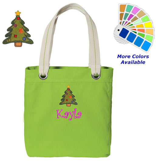 Personalized Canvas Tote Bag Christmas Tree Design Contrast Lined with Metal Grommets Embroidered with Name or Text of Your Choice