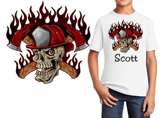 Personalized Kids T-Shirt Firefighter Skull Axe Design, T-Shirt, Colorful, Cotton, Low Price Inexpensive Tee Shirt, Student School Gift