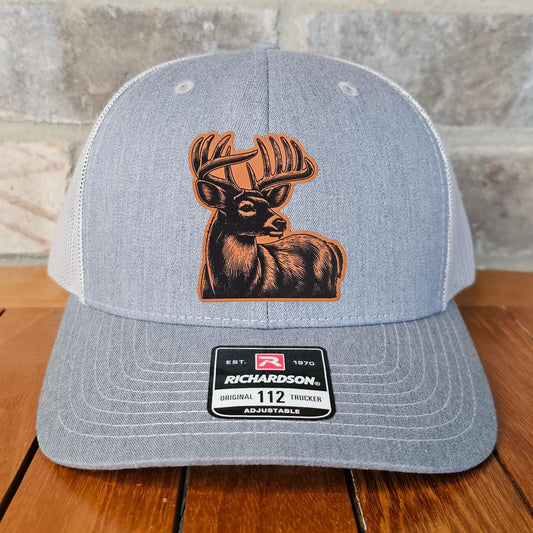 Whitetail Deer Leather Patch Trucker Hat, Richardson 112, Deer Hunter Hat, Dad Gift, Husband Gift, Sportsman Gift, Laser Engraved